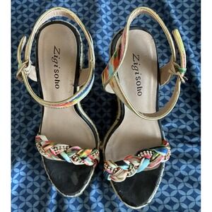 zigi soho tribal teal and tan beaded Gladiator platform heels sandals 6